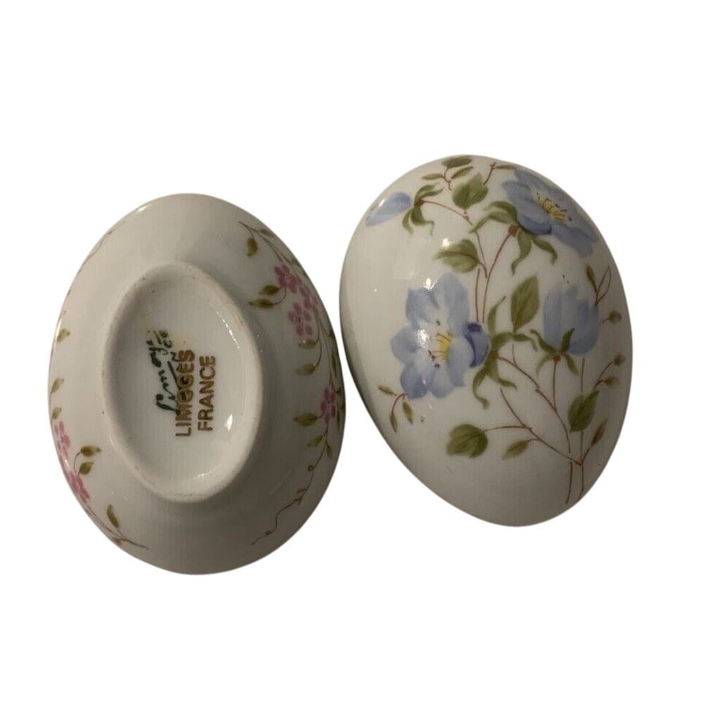 Vintage Limoges France 3.5 Inch Egg Shaped Trinket Box Blue & Pink Flowers